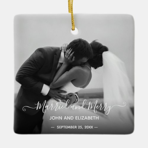 Newlyweds Couple First 2 Photo Mr and Mrs Simple Ceramic Ornament