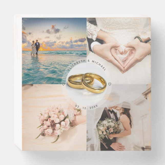 Newlyweds Couple Wedding Anniversary Photo Collage Wooden Box Sign (Front Horizontal)