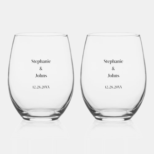 Newlyweds Custom Name Simple Minimal Wedding Favor Stemless Wine Glass