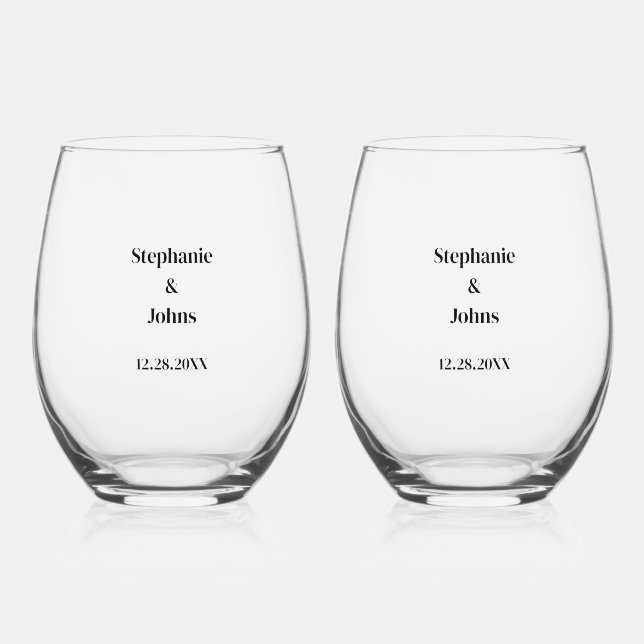 Newlyweds Custom Name Simple Minimal Wedding Favor Stemless Wine Glass (Front)
