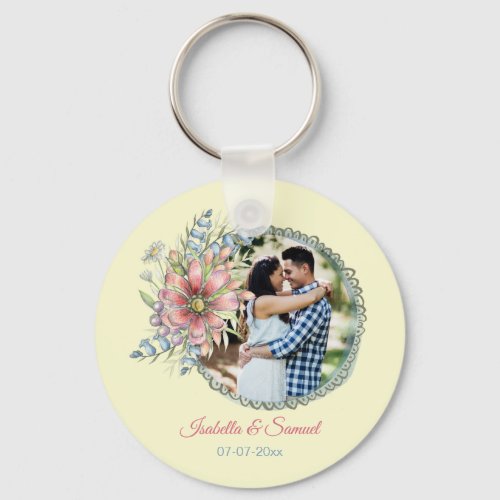 Newlyweds Custom Photo Names Wedding Date Keychain
