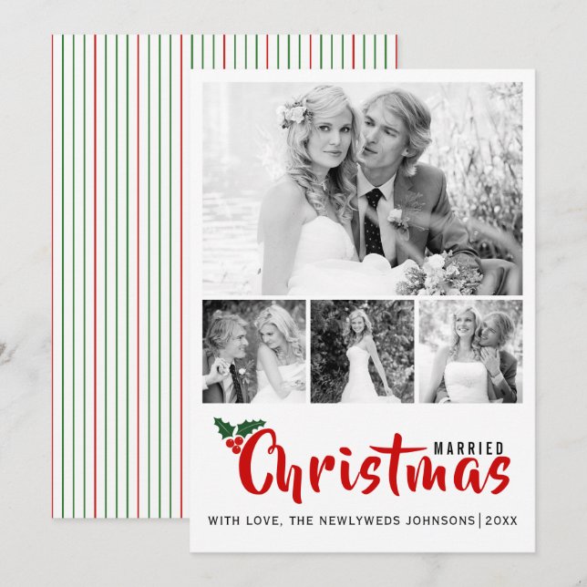 Newlyweds first Christmas four photo collage card (Front/Back)