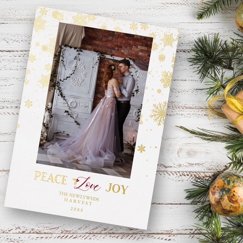 Newlyweds First Christmas Golden Snowflakes Photo Foil Holiday Card
