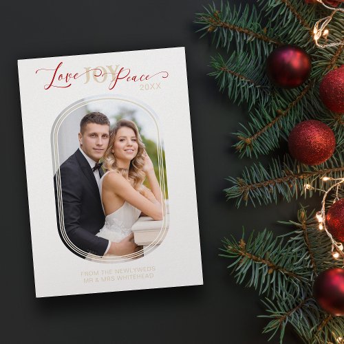 Newlyweds First Christmas Modern Oval Frame Photo  Holiday Card