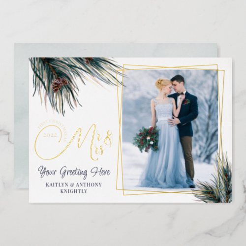 Newlyweds First Christmas Mr Mrs Watercolor Pine F Foil Holiday Card