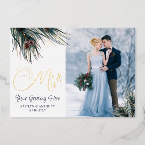 Newlyweds First Christmas Mr Mrs Watercolor Pine Foil Holiday Card