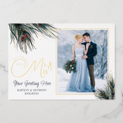 Newlyweds First Christmas Mr Mrs Watercolor Pine Foil Holiday Card