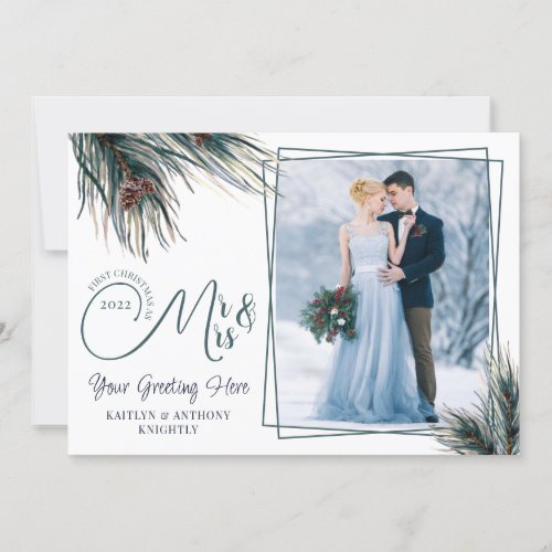 Newlyweds First Christmas Mr Mrs Watercolor Pine Holiday Card