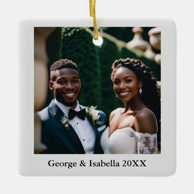 Newlyweds First Christmas Personalized Name Photo  Ceramic Ornament (Front)