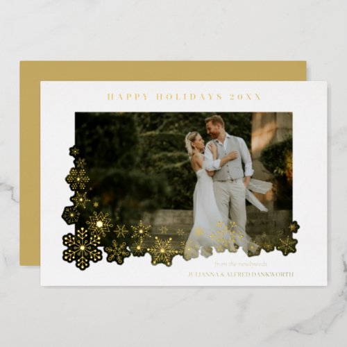 Newlyweds First Christmas Snowflakes Frame Photo Foil Holiday Card