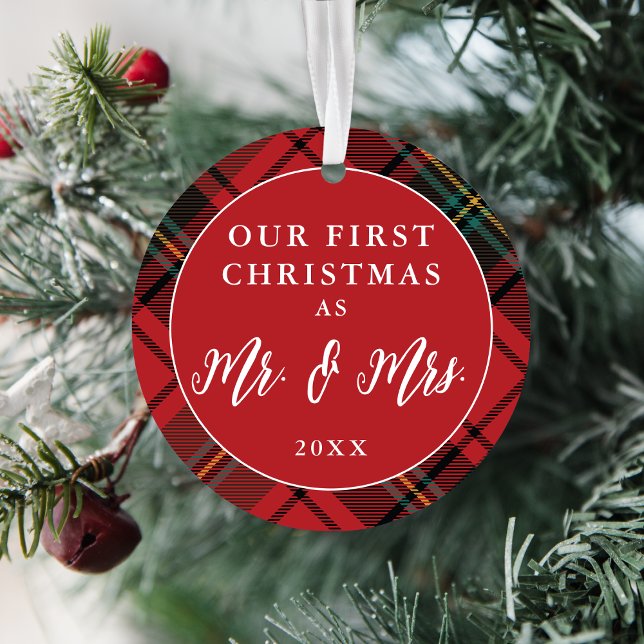Newlyweds First Christmas Tartan Holiday Photo Ornament (Creator Uploaded)