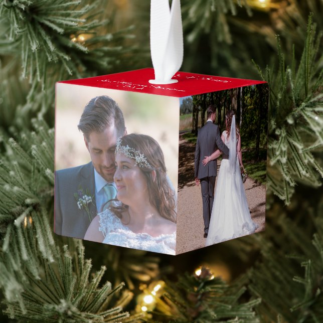 Newlyweds First Married Christmas Five photos Cube Ornament (Tree)