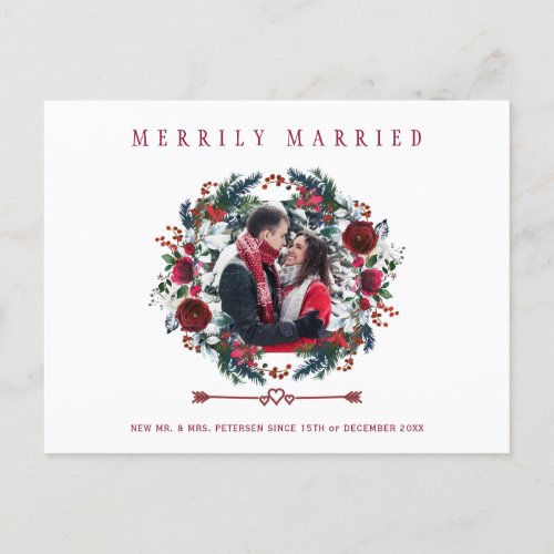 Newlyweds Floral Merrily Married photo Christmas Holiday Postcard