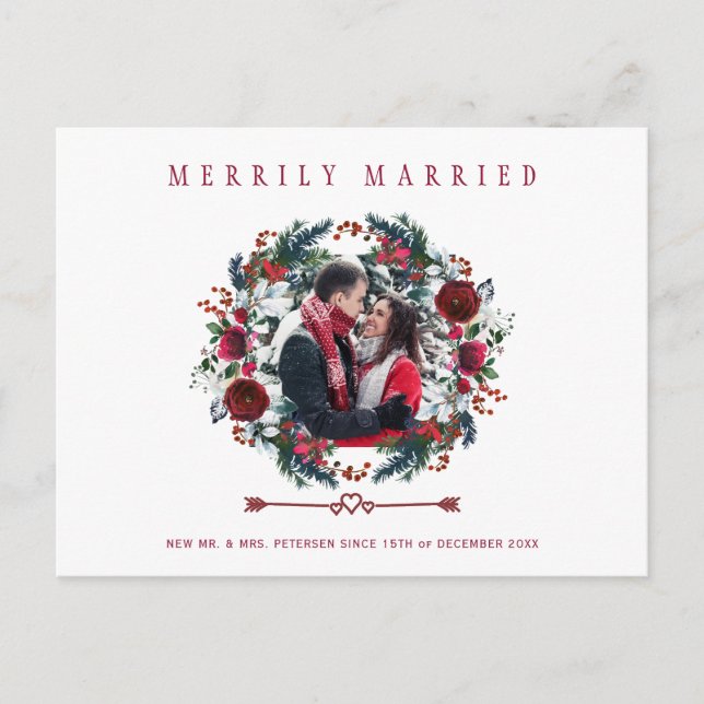 Newlyweds Floral Merrily Married photo Christmas Holiday Postcard (Front)