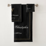 Newlyweds Gift Modern Monogram Name Script Chic    Bath Towel Set<br><div class="desc">Newlyweds Gift Modern Monogram Name Script Chic Black Bath Towel Set. Stylish personalized black, white, and gold monogrammed bathroom towel set. Classic script for the monogrammed last name initial, the names of the bride and groom, and the marriage date on a chic black background. The perfect gift for a wedding...</div>
