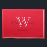 Newlyweds Gift Monogram Initial Script Rustic Red  Cloth Placemat<br><div class="desc">Wedding Gift, Newlyweds Gift Monogram Initial Personalized Family Name Script Rustic Chic Red Cloth Placemat. Personalized white monogram design with the newlywed bride and groom's last name and date established in black lettering on a rich red background. A unique gift for newlyweds. Lovely for their new life together. Also a...</div>