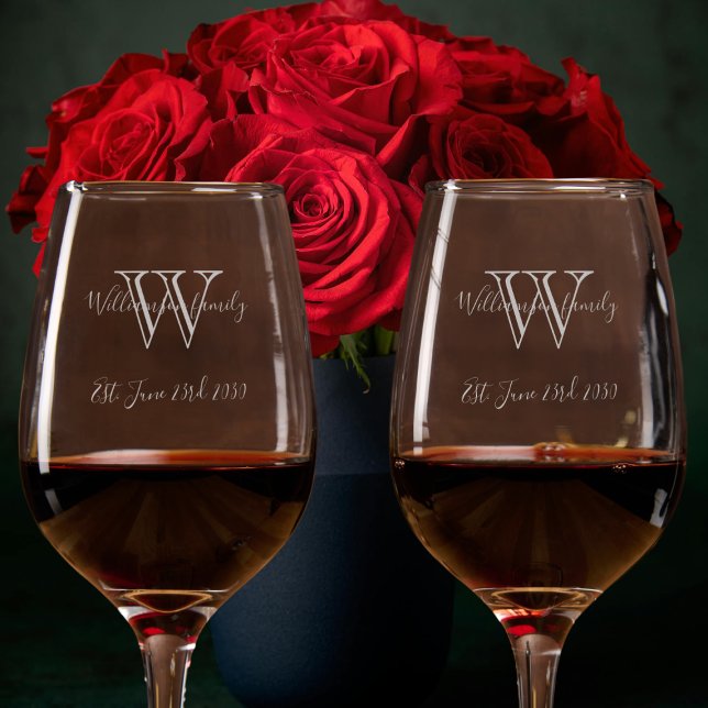 Newlyweds Gift Monogram Name Script Elegant Wine Glass (Newlyweds Gift - Monogram and Name in Elegant Script - Wine Glasses.)