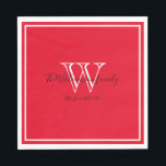 Newlyweds Gift Monogram Name Script Red Paper Napkins<br><div class="desc">Newlyweds Gift Monogram Name Script Red Paper Napkins. Standard Luncheon size only available. Personalized white monogram design with the newlywed bride and groom's last name and date established printed in black lettering on a rich red background. A unique gift for newlyweds. Lovely for their new life together. Also a beautiful...</div>