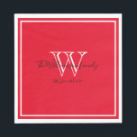 Newlyweds Gift Monogram Name Script Red Paper Napkins<br><div class="desc">Newlyweds Gift Monogram Name Script Red Paper Napkins. Standard Luncheon size only available. Personalized white monogram design with the newlywed bride and groom's last name and date established printed in black lettering on a rich red background. A unique gift for newlyweds. Lovely for their new life together. Also a beautiful...</div>