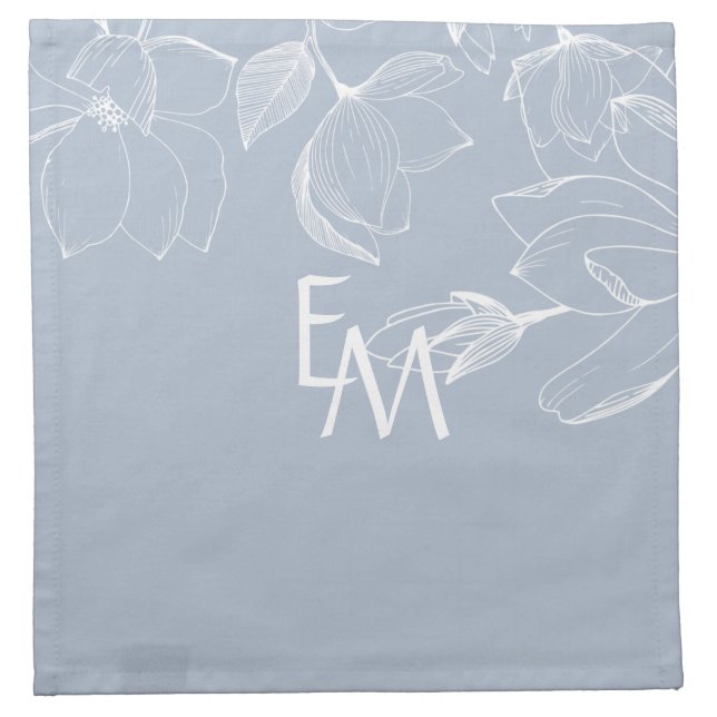 NEWLYWEDS GIFTS Dusty Blue White Magnolia MONOGRAM Cloth Napkin (Front)