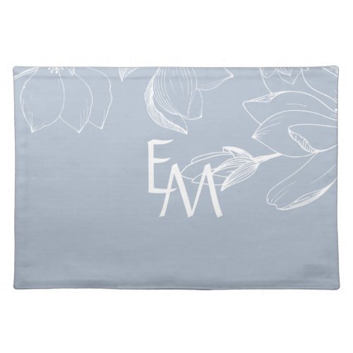 NEWLYWEDS GIFTS Dusty Blue White Magnolia MONOGRAM Cloth Placemat