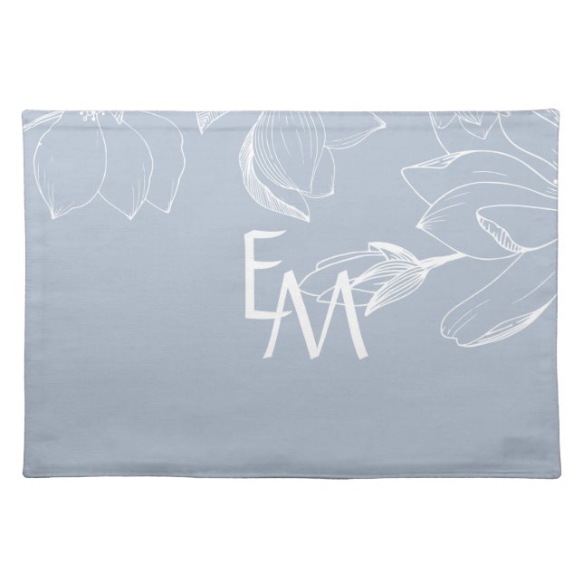 NEWLYWEDS GIFTS Dusty Blue White Magnolia MONOGRAM Cloth Placemat (Front)