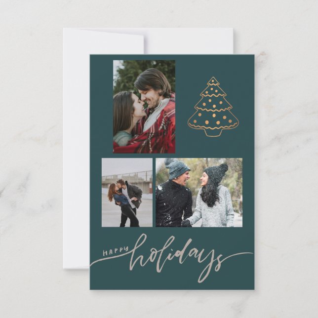 Newlyweds Gold Christmas Tree 3 Photo Collage Card (Front)