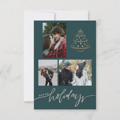 Newlyweds Gold Christmas Tree 3 Photo Collage Card