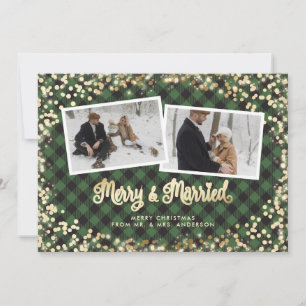 Newlyweds Green Plaid Gold Photo Christmas Holiday Card