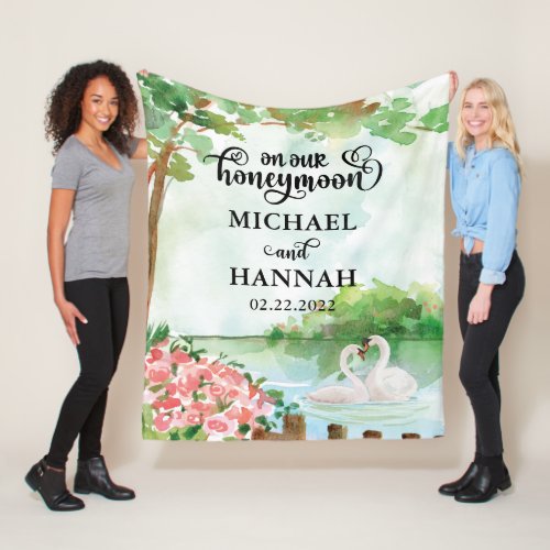 Newlyweds Honeymoon Blanket with Swans  Flowers