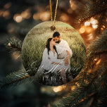 Newlyweds Just Married Ornament Wedding Date Photo<br><div class="desc">"Just Married" pewter ornament for newly weds.  Click "Customize It" to move elements,  add or change fonts,  colors size and location.  You can also remove the gray date below the white that is acting as a drop shadow for legibility.</div>