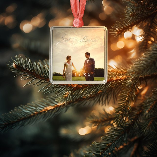 Newlyweds Just Married Ornament with Wedding Date (Creator Uploaded)