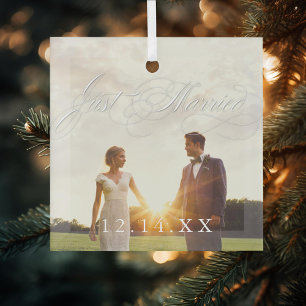 Newlyweds Just Married Wedding Date Photo Glass Ornament