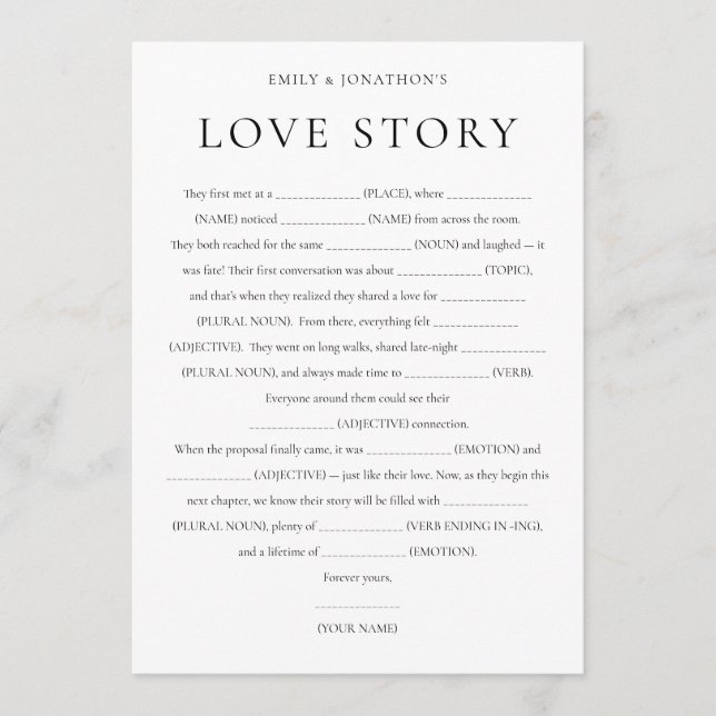 Newlyweds Love Story Wedding Game Card (Front)