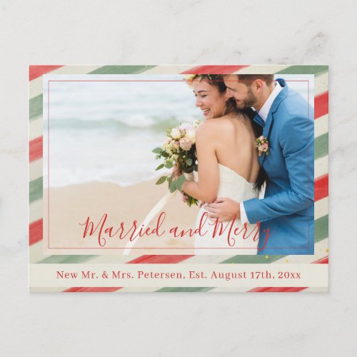 Newlyweds Married and Merry red Christmas photo Holiday Postcard