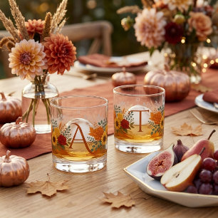 Newlyweds Monogram Bride Groom Fall Autumn Wedding Whiskey Glass