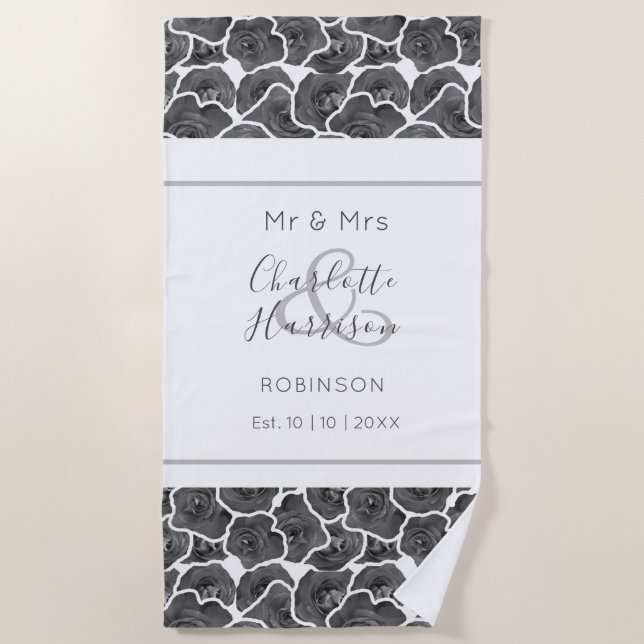 Newlyweds Mr and Mrs Gray Roses Personalized Beach Towel (Front)