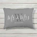 Newlyweds Mr And Mrs Grey White Script Monogram Outdoor Pillow<br><div class="desc">Surprise a couple with this Newlyweds Mr And Mrs Grey White Script Monogram Outdoor Pillow. It is modern designed on both sides with grey background. The center has large dark grey monogram letter and the text is "mr and mrs" in white trendy handwritten script lettering. Established date is lower center....</div>