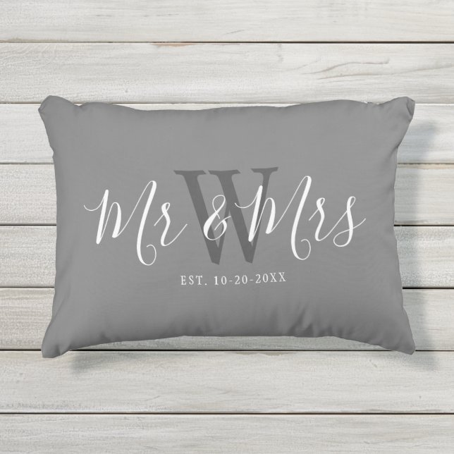 Newlyweds Mr And Mrs Grey White Script Monogram Outdoor Pillow (Front)