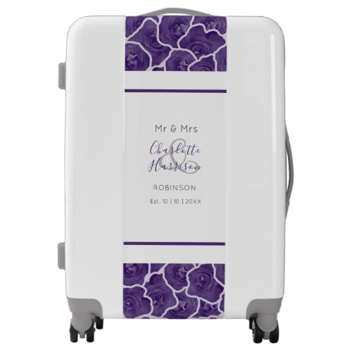 Newlyweds Mr and Mrs Purple Roses Personalized Luggage