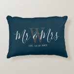 Newlyweds Mr Mrs Navy Blue Script Monogram Initial Accent Pillow<br><div class="desc">Surprise a couple with this Newlyweds Mr And Mrs Navy Blue Script Monogram Accent Pillow. It is modern designed on both sides with dark blue background. The center has large dark grey monogram letter and the text is "mr and mrs" in white trendy hand lettered script. Established date is below...</div>