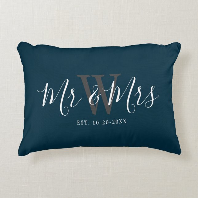 Newlyweds Mr Mrs Navy Blue Script Monogram Initial Accent Pillow (Front)