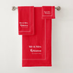 Newlyweds Mr & Mrs Personalized Large Bath Towel S<br><div class="desc">Stylish Mr and Mrs personalized towel set for the newlywed bride and groom in red and white with editable script,  name and established wedding date</div>