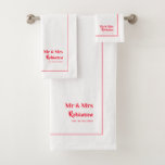 Newlyweds Mr & Mrs Personalized Large Bath Towel Set<br><div class="desc">Stylish Mr and Mrs personalized towel set for the newlywed bride and groom in a white and red,  with editable script,  name and established wedding date</div>