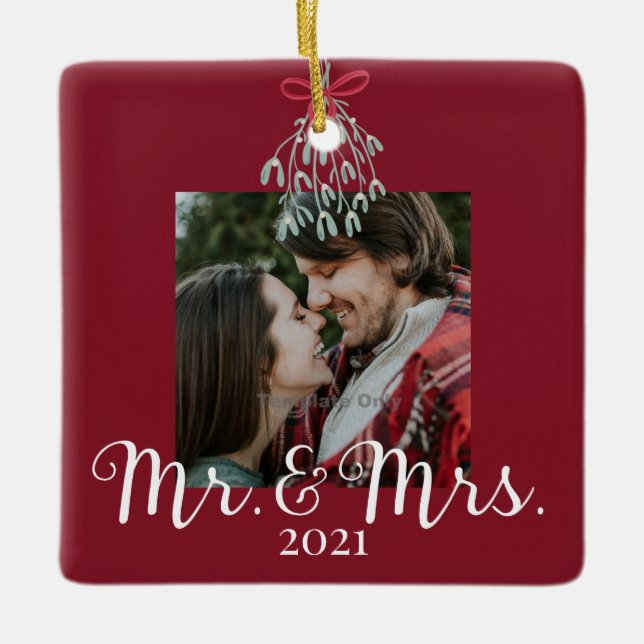 Newlyweds Mr & Mrs Photo Red  Ceramic Ornament (Front)