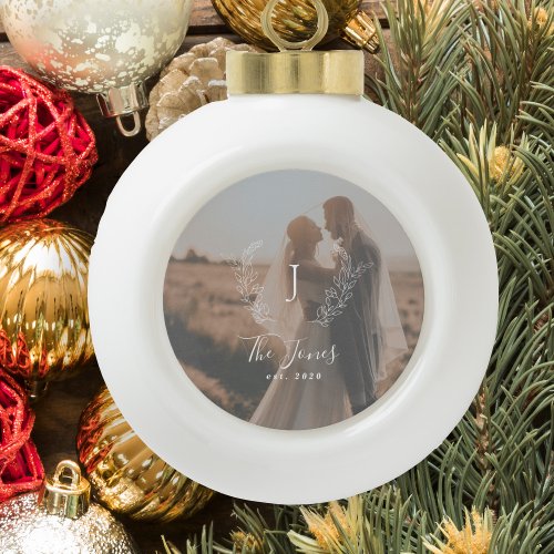 Newlyweds name monogram eedding photo elegant ceramic ball christmas ornament