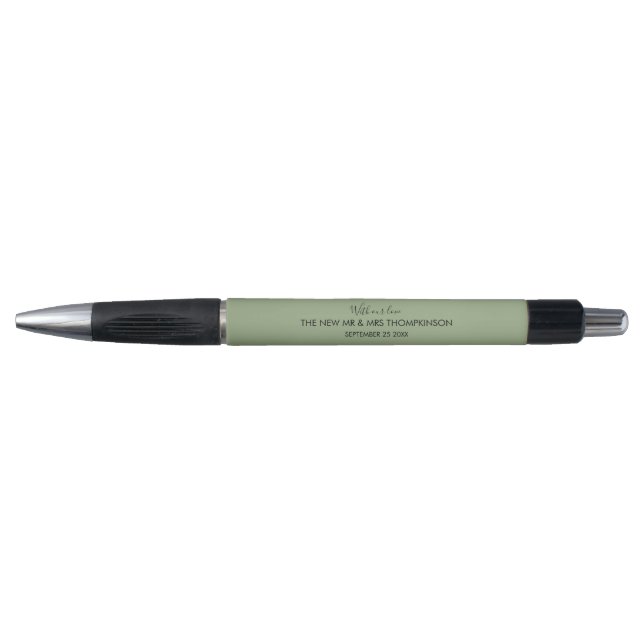 Newlyweds Name Typography Sage Green Wedding Favor Pen (Front)