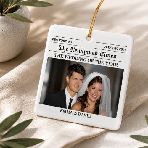 Newlyweds Newspaper Married Couples Wedding Photo  Ceramic Ornament