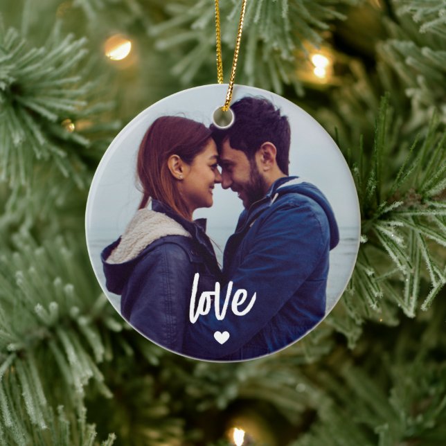 Newlyweds Photo and Text Template Christmas Ceramic Ornament (Tree)