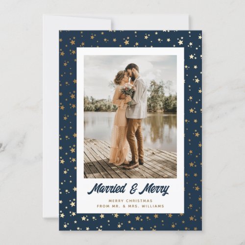 Newlyweds Photo Christmas Blue Gold Holiday Card